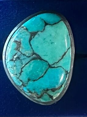 Turquoise ring with gunmetal hardware.